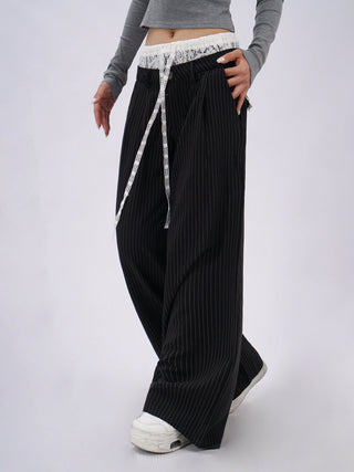 Lace double waist stitching wide leg casual pants