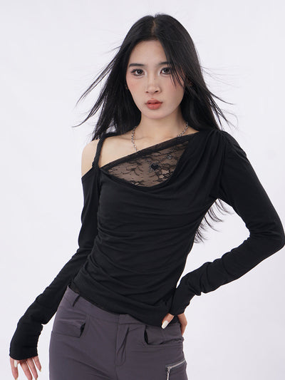 Off-shoulder lace stitching off-shoulder T-shirt