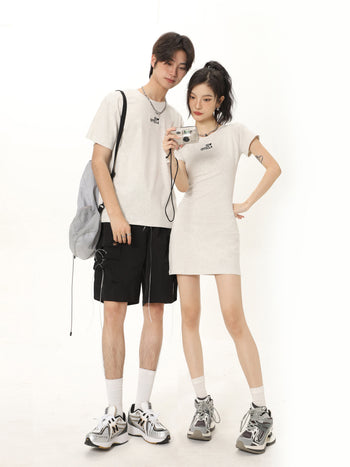 Letter Embroidery Round Neck Tee & Dress