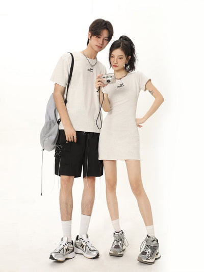 Letter Embroidery Round Neck Tee & Dress