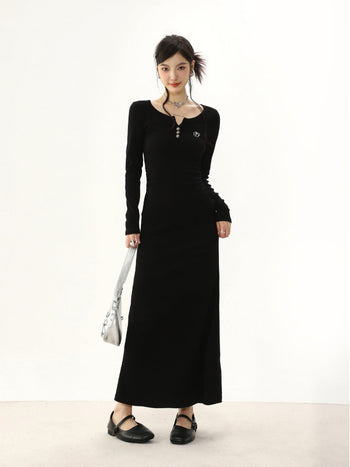 Distressed half-open collar knitted dress