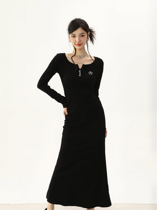 Distressed half-open collar knitted dress