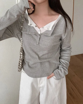 Snap button long-sleeved T-shirt