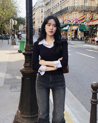 Extremely popular in Korea! Shirt-layered knit / 5 colors