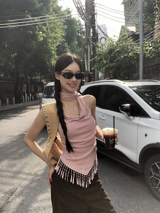 pink backless top