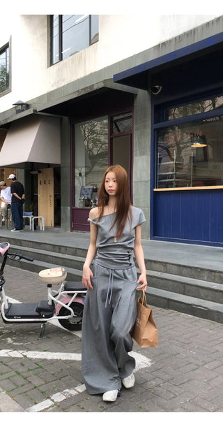 gray strapless top