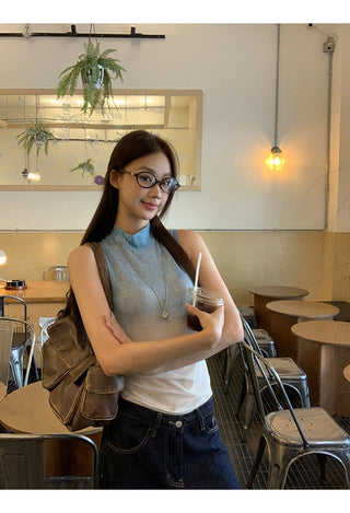 blue sleeveless top