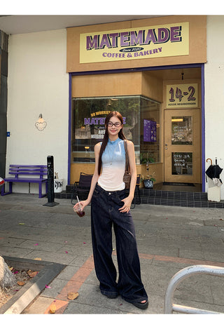 blue sleeveless top