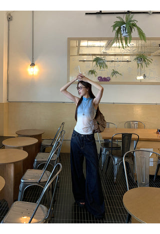 blue sleeveless top