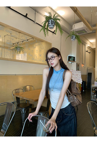 blue sleeveless top