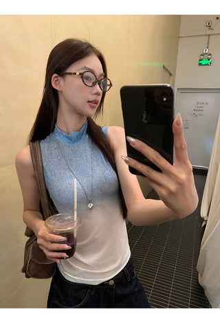 blue sleeveless top