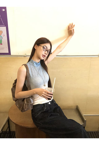 blue sleeveless top