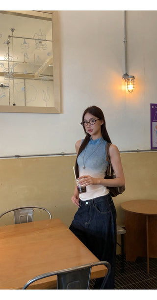 blue sleeveless top