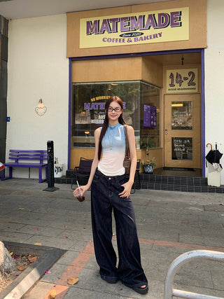 blue sleeveless top