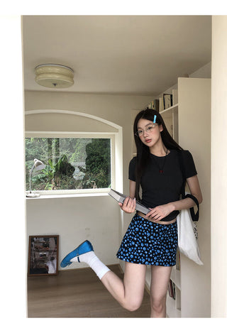 blue floral skirt