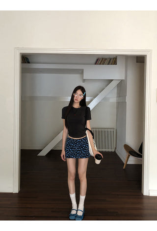 blue floral skirt