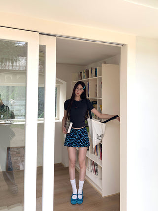 blue floral skirt