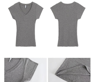 gray V-neck top