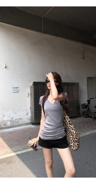 gray V-neck top