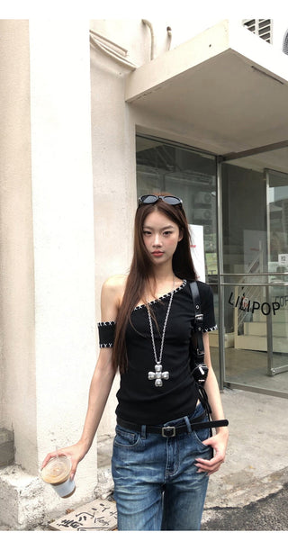 black shoulder top
