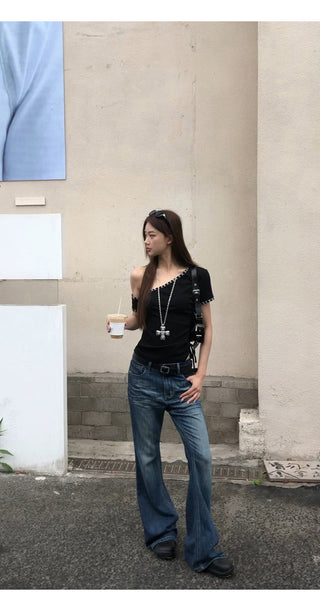 black shoulder top
