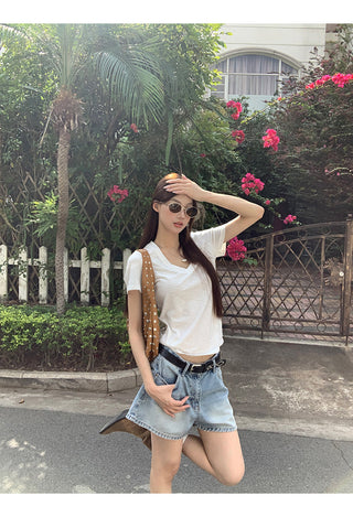 white V-neck top