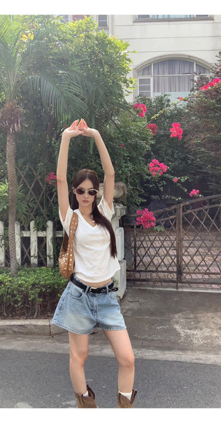 white V-neck top