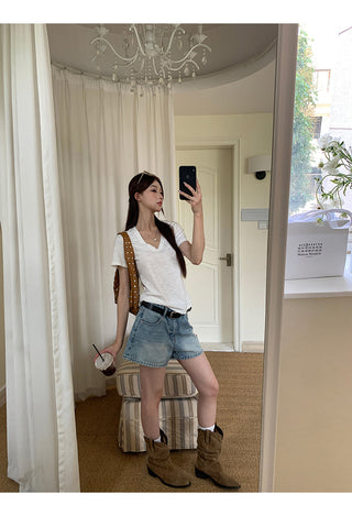 white V-neck top