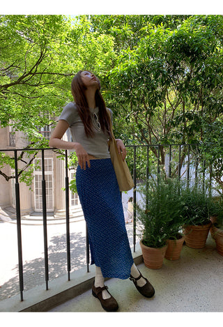 blue floral skirt