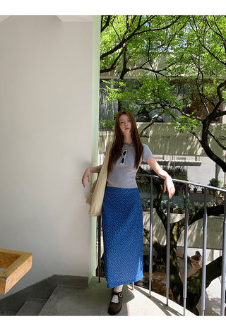 blue floral skirt