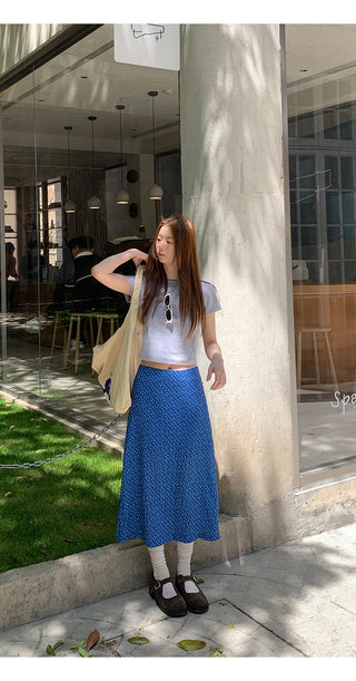 blue floral skirt
