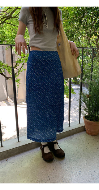 blue floral skirt