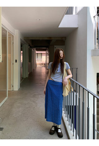 blue floral skirt