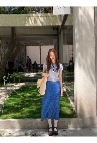 blue floral skirt