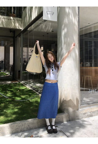 blue floral skirt