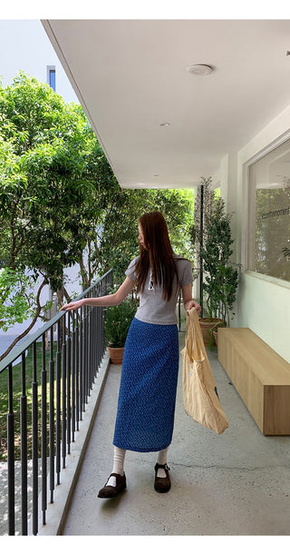blue floral skirt