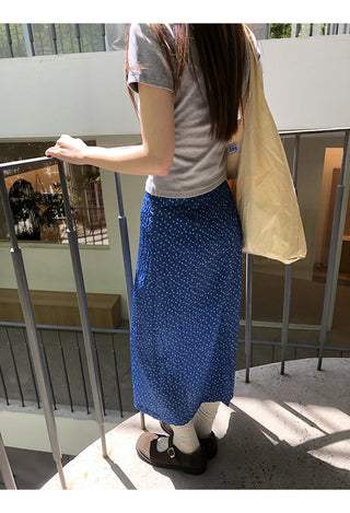 blue floral skirt