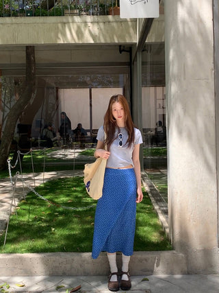 blue floral skirt