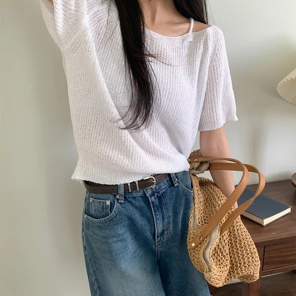 Shoulder strap slit off-shoulder summer short-sleeved knit