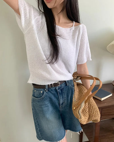 Shoulder strap slit off-shoulder summer short-sleeved knit