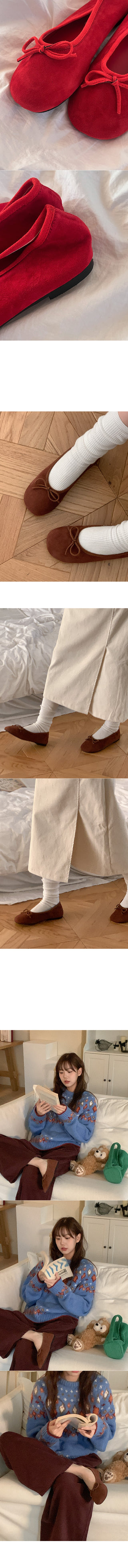 Suede ribbon flat shoes