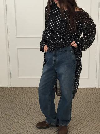 Four Seasons Denim Wide Pants Long Length  Jeans Casual Chic Look
