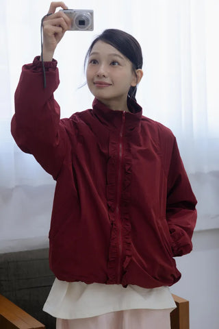 Burgundy Windbreaker Jumper with Frill Details