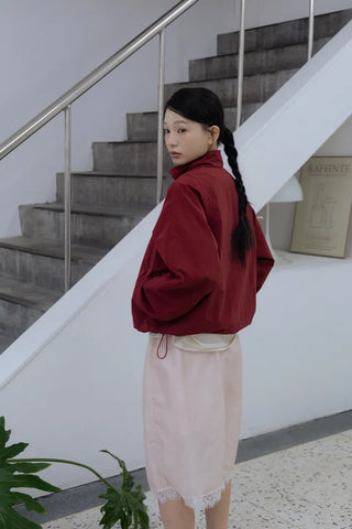 Burgundy Windbreaker Jumper with Frill Details
