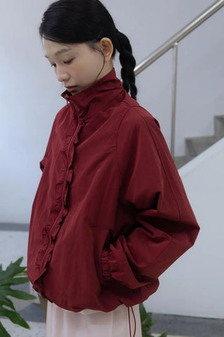 Burgundy Windbreaker Jumper with Frill Details