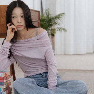 Drape Off-Shoulder Long Sleeve T-Shirt