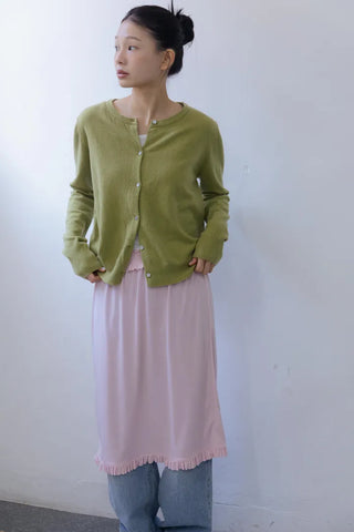 Silky Light Pink Shirred Midi Skirt
