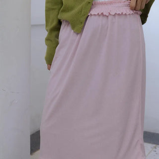 Silky Light Pink Shirred Midi Skirt