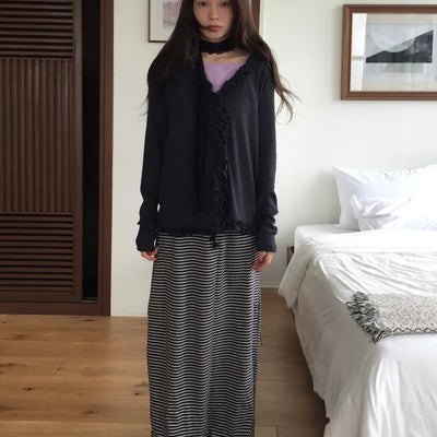 Striped Elastic Shirred Long Skirt