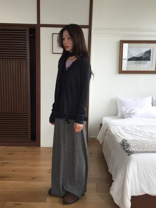 Striped Elastic Shirred Long Skirt
